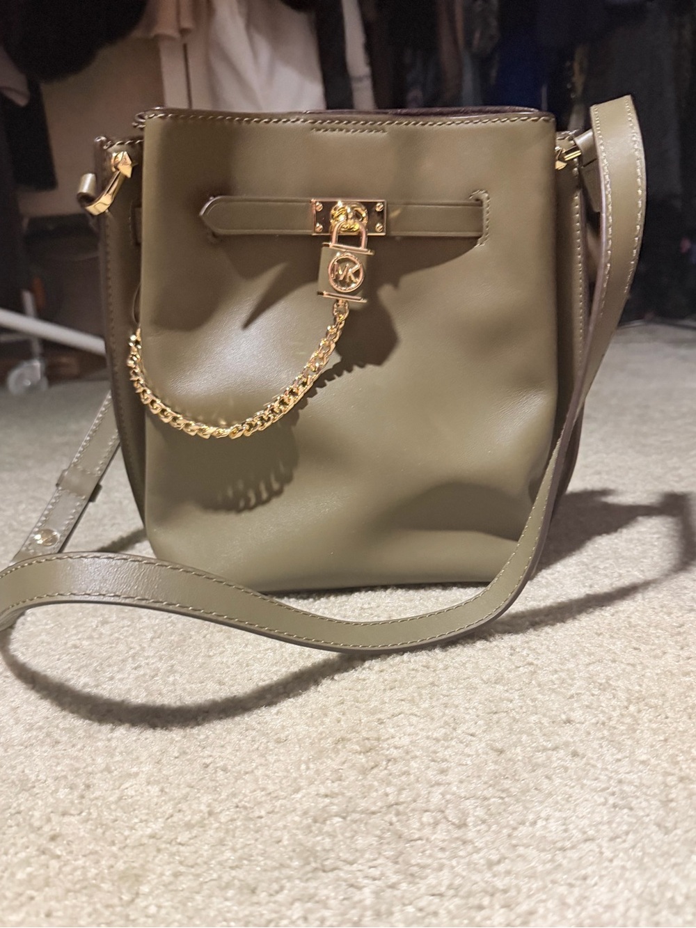 Michael Kors Olive Leather Crossbody with Gold Chain Charm